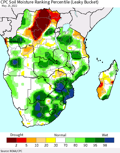 Southern Africa CPC Soil Moisture Ranking Percentile (Leaky Bucket) Thematic Map For 5/21/2022 - 5/25/2022