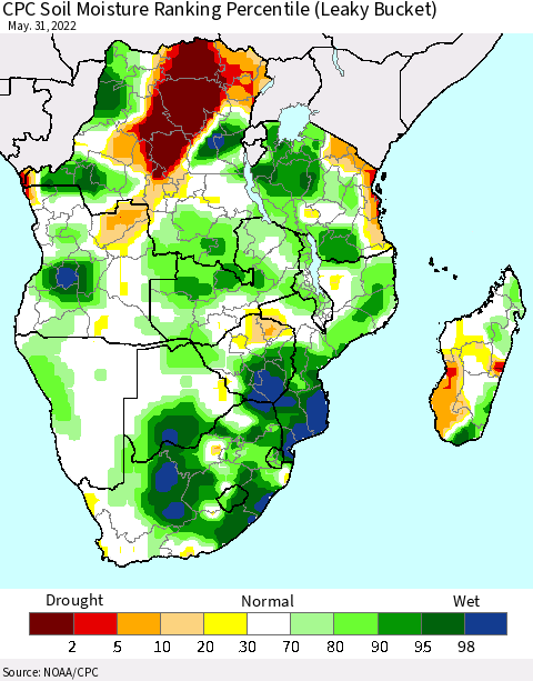 Southern Africa CPC Soil Moisture Ranking Percentile (Leaky Bucket) Thematic Map For 5/26/2022 - 5/31/2022