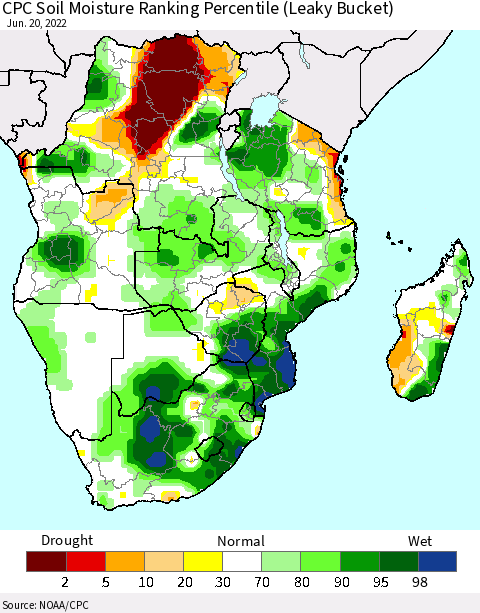 Southern Africa CPC Soil Moisture Ranking Percentile (Leaky Bucket) Thematic Map For 6/16/2022 - 6/20/2022
