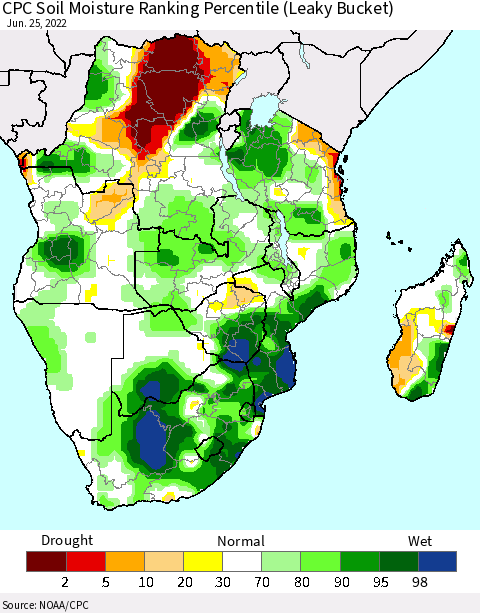 Southern Africa CPC Soil Moisture Ranking Percentile (Leaky Bucket) Thematic Map For 6/21/2022 - 6/25/2022