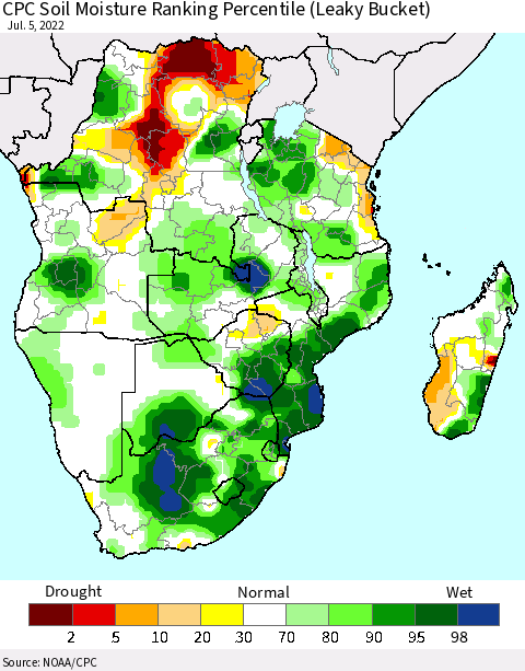 Southern Africa CPC Soil Moisture Ranking Percentile (Leaky Bucket) Thematic Map For 7/1/2022 - 7/5/2022