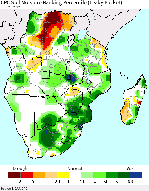 Southern Africa CPC Soil Moisture Ranking Percentile (Leaky Bucket) Thematic Map For 7/21/2022 - 7/25/2022