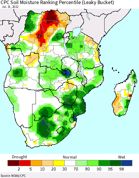 Southern Africa CPC Soil Moisture Ranking Percentile (Leaky Bucket) Thematic Map For 7/26/2022 - 7/31/2022