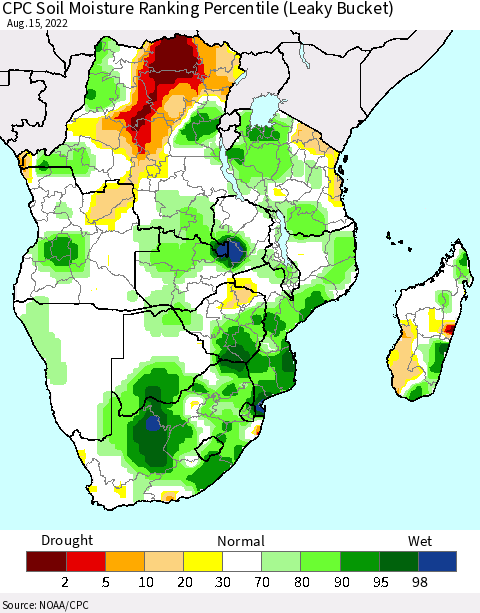 Southern Africa CPC Soil Moisture Ranking Percentile (Leaky Bucket) Thematic Map For 8/11/2022 - 8/15/2022