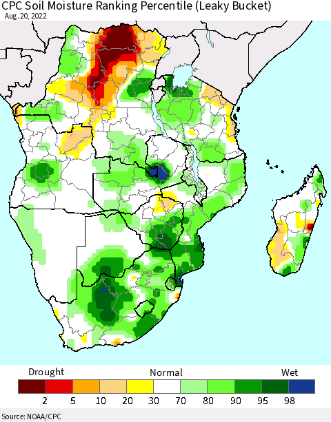 Southern Africa CPC Soil Moisture Ranking Percentile (Leaky Bucket) Thematic Map For 8/16/2022 - 8/20/2022