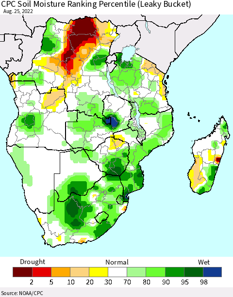 Southern Africa CPC Soil Moisture Ranking Percentile (Leaky Bucket) Thematic Map For 8/21/2022 - 8/25/2022