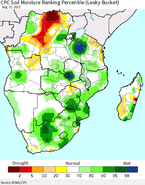 Southern Africa CPC Soil Moisture Ranking Percentile (Leaky Bucket) Thematic Map For 8/26/2022 - 8/31/2022