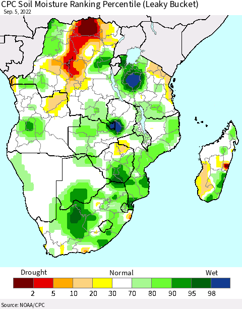 Southern Africa CPC Soil Moisture Ranking Percentile (Leaky Bucket) Thematic Map For 9/1/2022 - 9/5/2022