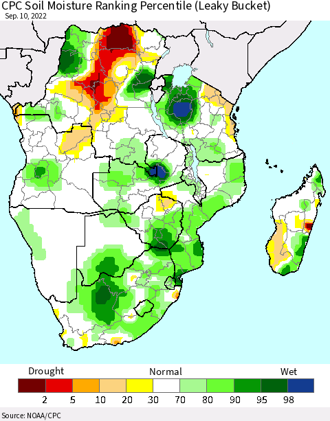 Southern Africa CPC Soil Moisture Ranking Percentile (Leaky Bucket) Thematic Map For 9/6/2022 - 9/10/2022