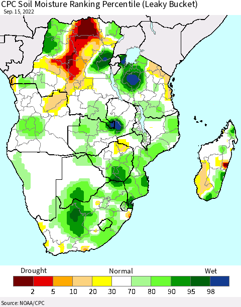 Southern Africa CPC Soil Moisture Ranking Percentile (Leaky Bucket) Thematic Map For 9/11/2022 - 9/15/2022