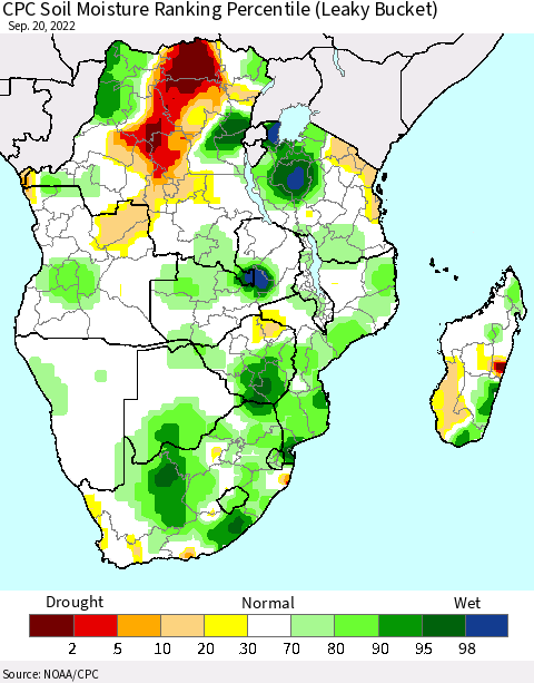 Southern Africa CPC Soil Moisture Ranking Percentile (Leaky Bucket) Thematic Map For 9/16/2022 - 9/20/2022