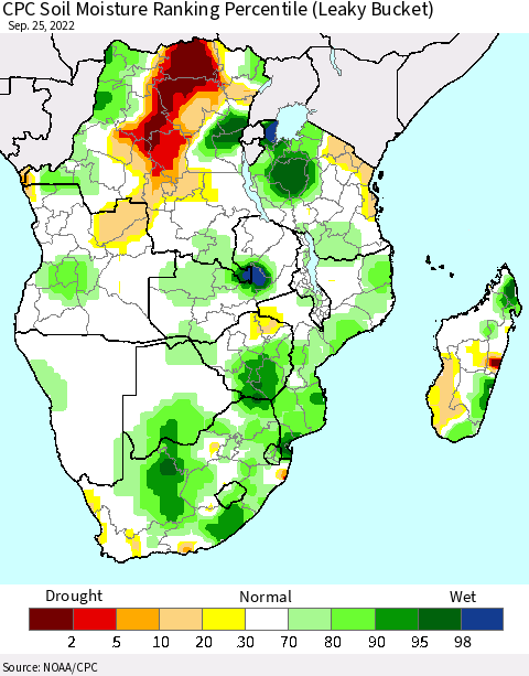 Southern Africa CPC Soil Moisture Ranking Percentile (Leaky Bucket) Thematic Map For 9/21/2022 - 9/25/2022