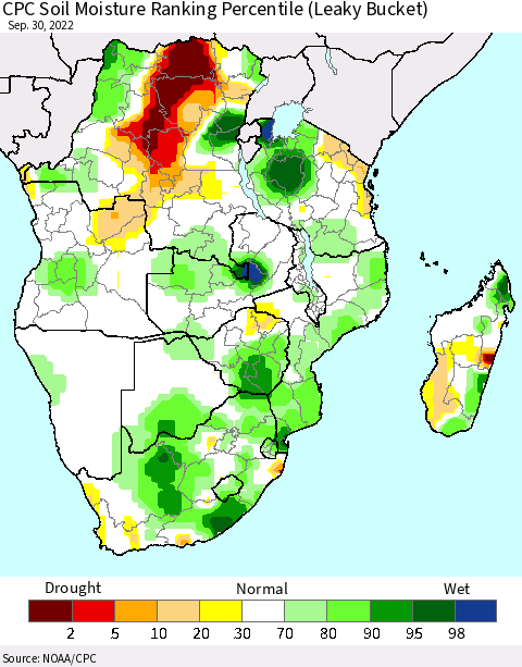 Southern Africa CPC Soil Moisture Ranking Percentile (Leaky Bucket) Thematic Map For 9/26/2022 - 9/30/2022