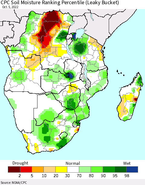 Southern Africa CPC Soil Moisture Ranking Percentile (Leaky Bucket) Thematic Map For 10/1/2022 - 10/5/2022