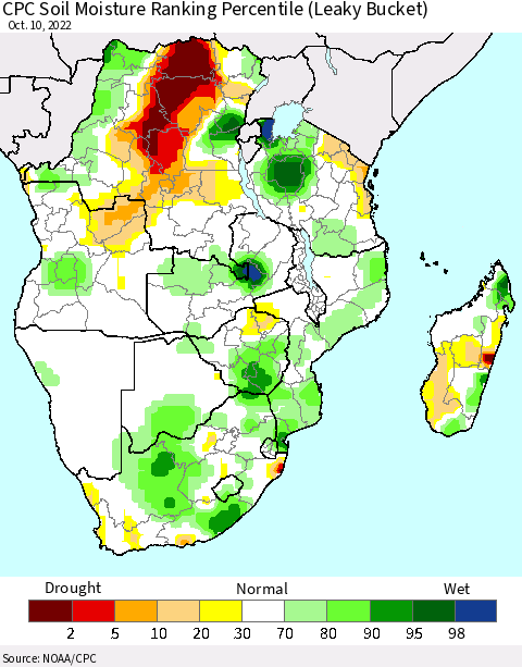 Southern Africa CPC Soil Moisture Ranking Percentile (Leaky Bucket) Thematic Map For 10/6/2022 - 10/10/2022