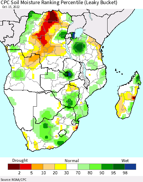 Southern Africa CPC Soil Moisture Ranking Percentile (Leaky Bucket) Thematic Map For 10/11/2022 - 10/15/2022