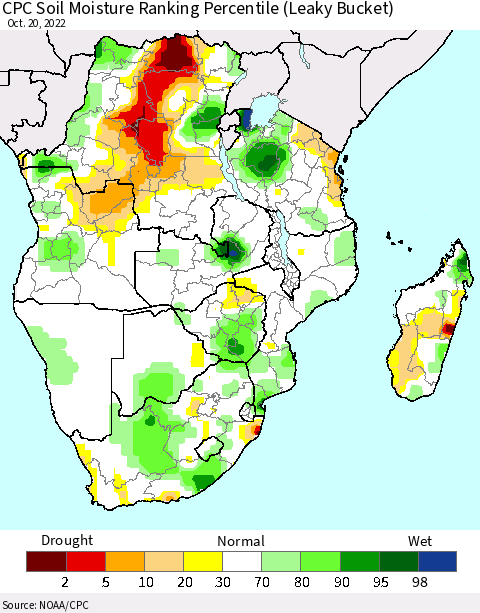 Southern Africa CPC Soil Moisture Ranking Percentile (Leaky Bucket) Thematic Map For 10/16/2022 - 10/20/2022