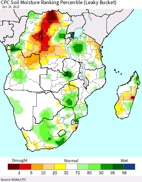 Southern Africa CPC Soil Moisture Ranking Percentile (Leaky Bucket) Thematic Map For 10/21/2022 - 10/25/2022