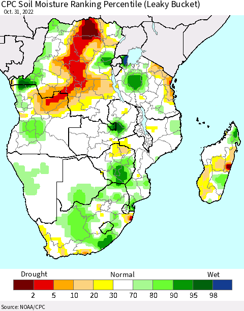 Southern Africa CPC Soil Moisture Ranking Percentile (Leaky Bucket) Thematic Map For 10/26/2022 - 10/31/2022