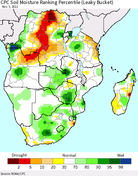 Southern Africa CPC Soil Moisture Ranking Percentile (Leaky Bucket) Thematic Map For 11/1/2022 - 11/5/2022