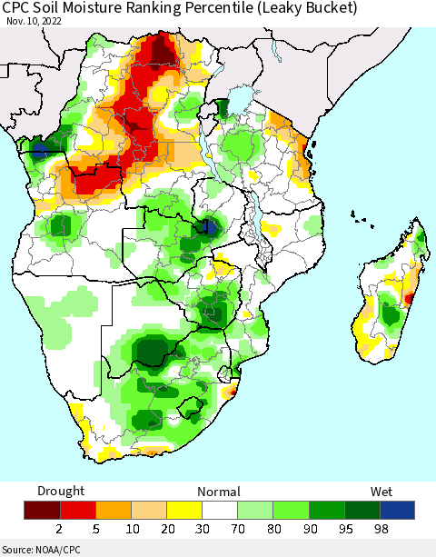 Southern Africa CPC Soil Moisture Ranking Percentile (Leaky Bucket) Thematic Map For 11/6/2022 - 11/10/2022