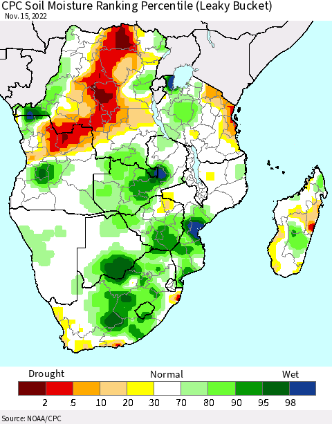 Southern Africa CPC Soil Moisture Ranking Percentile (Leaky Bucket) Thematic Map For 11/11/2022 - 11/15/2022