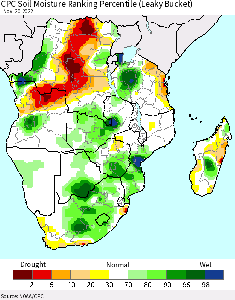 Southern Africa CPC Soil Moisture Ranking Percentile (Leaky Bucket) Thematic Map For 11/16/2022 - 11/20/2022