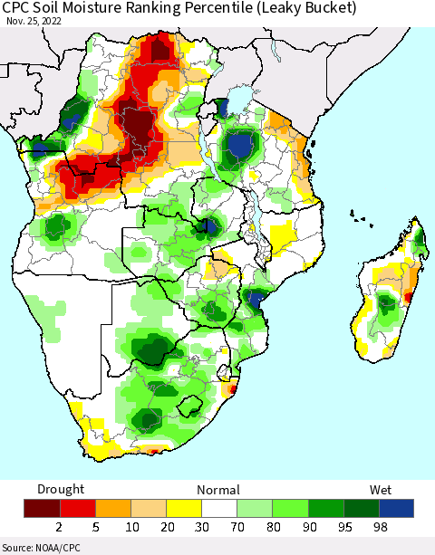 Southern Africa CPC Soil Moisture Ranking Percentile (Leaky Bucket) Thematic Map For 11/21/2022 - 11/25/2022