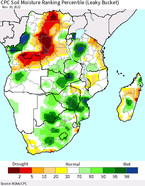 Southern Africa CPC Soil Moisture Ranking Percentile (Leaky Bucket) Thematic Map For 11/26/2022 - 11/30/2022