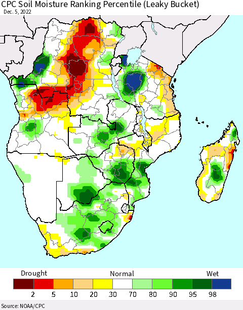 Southern Africa CPC Soil Moisture Ranking Percentile (Leaky Bucket) Thematic Map For 12/1/2022 - 12/5/2022