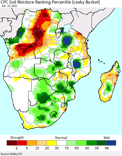 Southern Africa CPC Soil Moisture Ranking Percentile (Leaky Bucket) Thematic Map For 12/6/2022 - 12/10/2022
