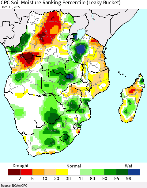Southern Africa CPC Soil Moisture Ranking Percentile (Leaky Bucket) Thematic Map For 12/11/2022 - 12/15/2022