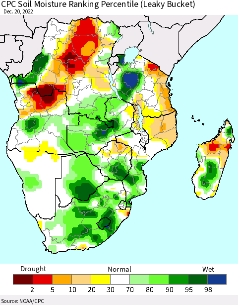 Southern Africa CPC Soil Moisture Ranking Percentile (Leaky Bucket) Thematic Map For 12/16/2022 - 12/20/2022