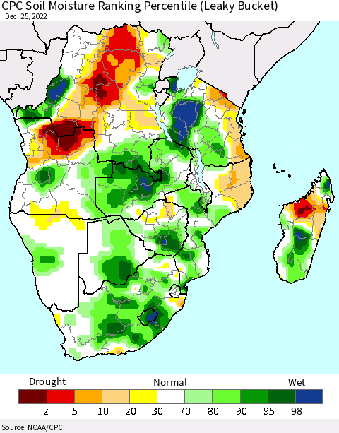 Southern Africa CPC Soil Moisture Ranking Percentile (Leaky Bucket) Thematic Map For 12/21/2022 - 12/25/2022