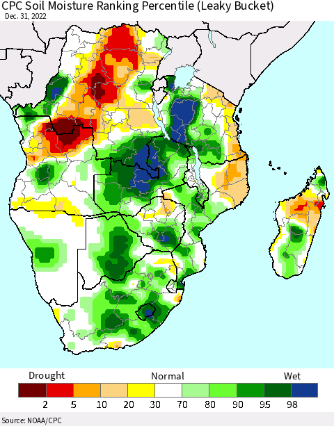 Southern Africa CPC Soil Moisture Ranking Percentile (Leaky Bucket) Thematic Map For 12/26/2022 - 12/31/2022