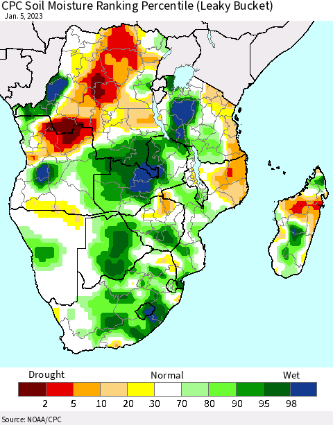 Southern Africa CPC Soil Moisture Ranking Percentile (Leaky Bucket) Thematic Map For 1/1/2023 - 1/5/2023