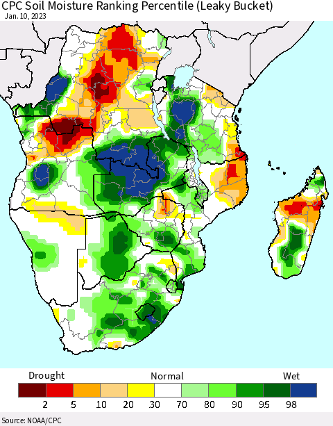Southern Africa CPC Soil Moisture Ranking Percentile (Leaky Bucket) Thematic Map For 1/6/2023 - 1/10/2023