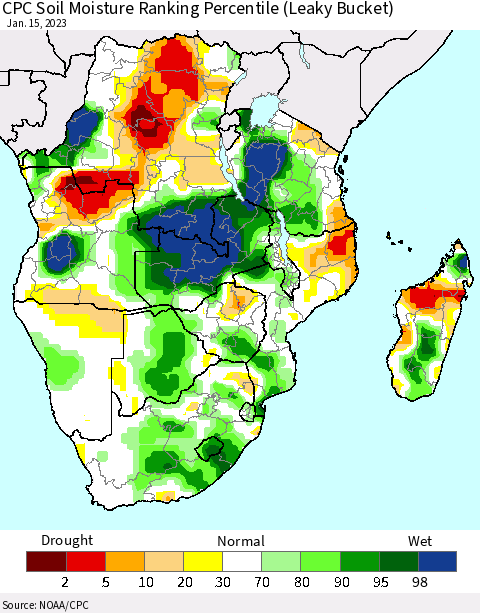 Southern Africa CPC Soil Moisture Ranking Percentile (Leaky Bucket) Thematic Map For 1/11/2023 - 1/15/2023