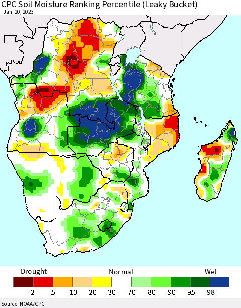 Southern Africa CPC Soil Moisture Ranking Percentile (Leaky Bucket) Thematic Map For 1/16/2023 - 1/20/2023