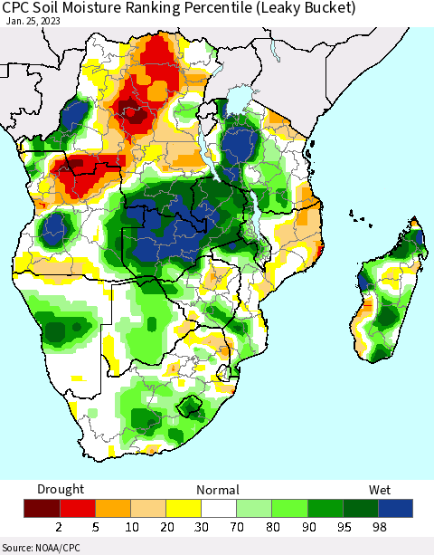 Southern Africa CPC Soil Moisture Ranking Percentile (Leaky Bucket) Thematic Map For 1/21/2023 - 1/25/2023
