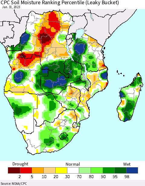 Southern Africa CPC Soil Moisture Ranking Percentile (Leaky Bucket) Thematic Map For 1/26/2023 - 1/31/2023