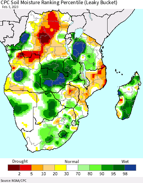 Southern Africa CPC Soil Moisture Ranking Percentile (Leaky Bucket) Thematic Map For 2/1/2023 - 2/5/2023