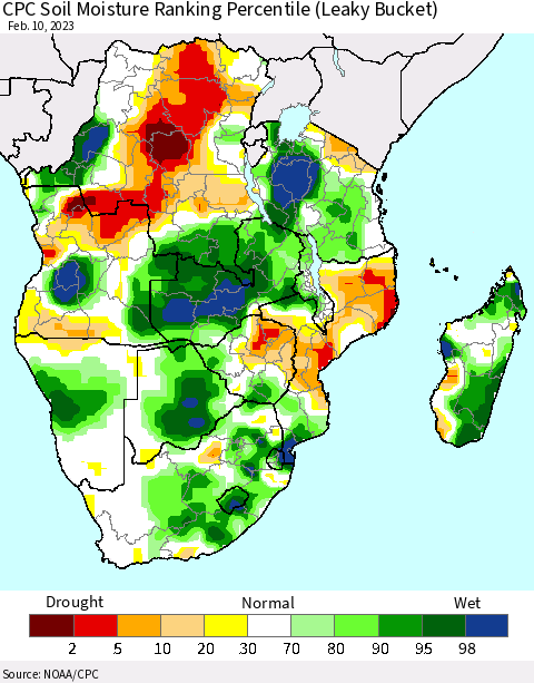 Southern Africa CPC Soil Moisture Ranking Percentile (Leaky Bucket) Thematic Map For 2/6/2023 - 2/10/2023