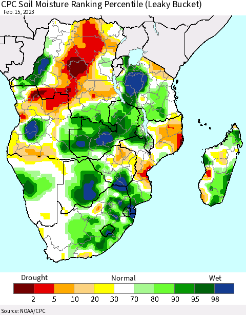 Southern Africa CPC Soil Moisture Ranking Percentile (Leaky Bucket) Thematic Map For 2/11/2023 - 2/15/2023