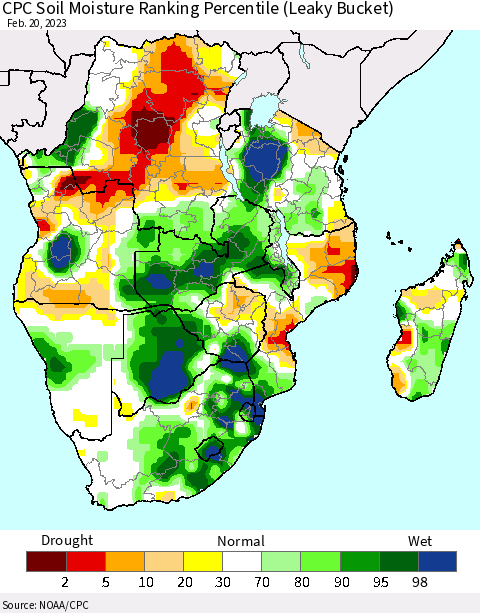 Southern Africa CPC Soil Moisture Ranking Percentile (Leaky Bucket) Thematic Map For 2/16/2023 - 2/20/2023
