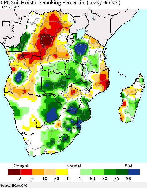 Southern Africa CPC Soil Moisture Ranking Percentile (Leaky Bucket) Thematic Map For 2/21/2023 - 2/25/2023