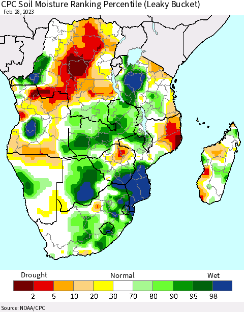 Southern Africa CPC Soil Moisture Ranking Percentile (Leaky Bucket) Thematic Map For 2/26/2023 - 2/28/2023