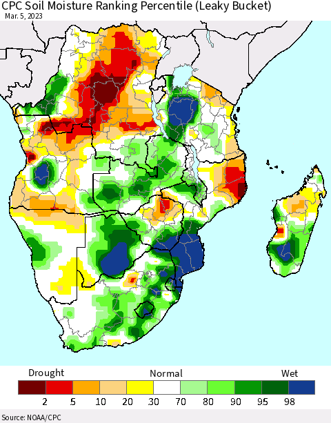 Southern Africa CPC Soil Moisture Ranking Percentile (Leaky Bucket) Thematic Map For 3/1/2023 - 3/5/2023