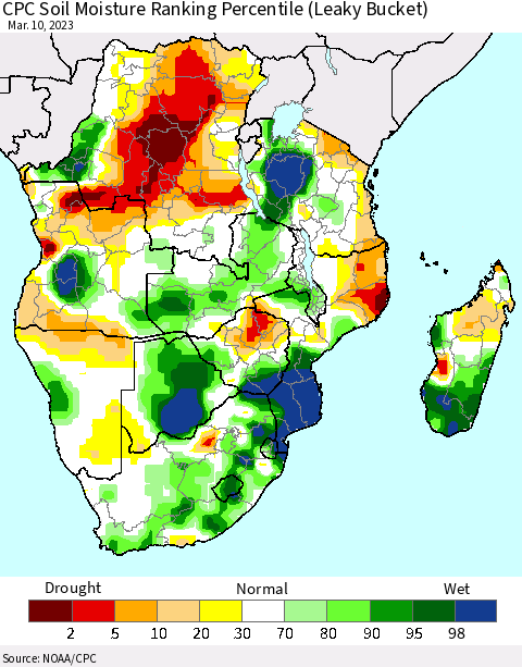 Southern Africa CPC Soil Moisture Ranking Percentile (Leaky Bucket) Thematic Map For 3/6/2023 - 3/10/2023