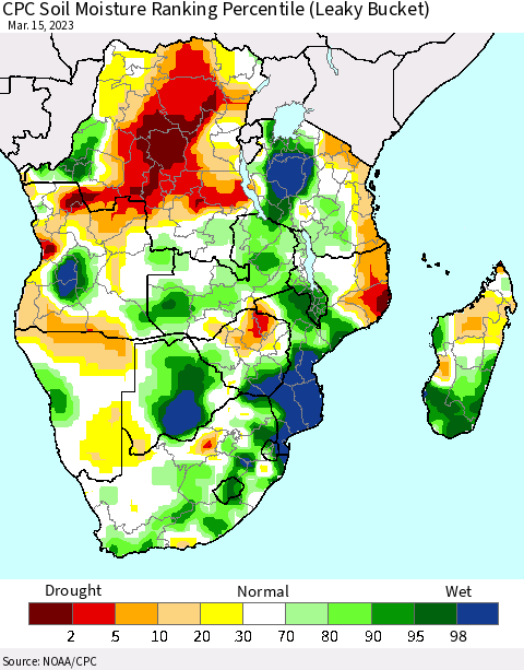 Southern Africa CPC Soil Moisture Ranking Percentile (Leaky Bucket) Thematic Map For 3/11/2023 - 3/15/2023